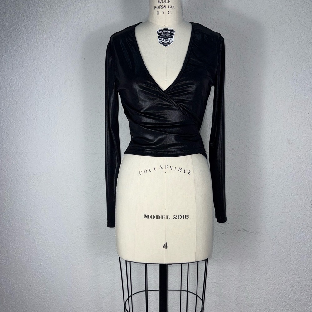 American Apparel Black V-Neck Wrap Blouse shiny polyester very 80’s glam M